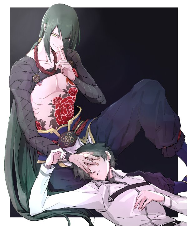 2boys, black_hair, chaldea_uniform, chest_tattoo, eyes_visible_through_hair, fate/grand_order, fate_(series), finger_to_mouth