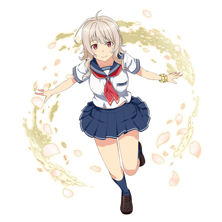 1girl, bandaid, bandaid_on_face, blue_legwear, blue_sailor_collar, blue_skirt, brown_footwear, full_body