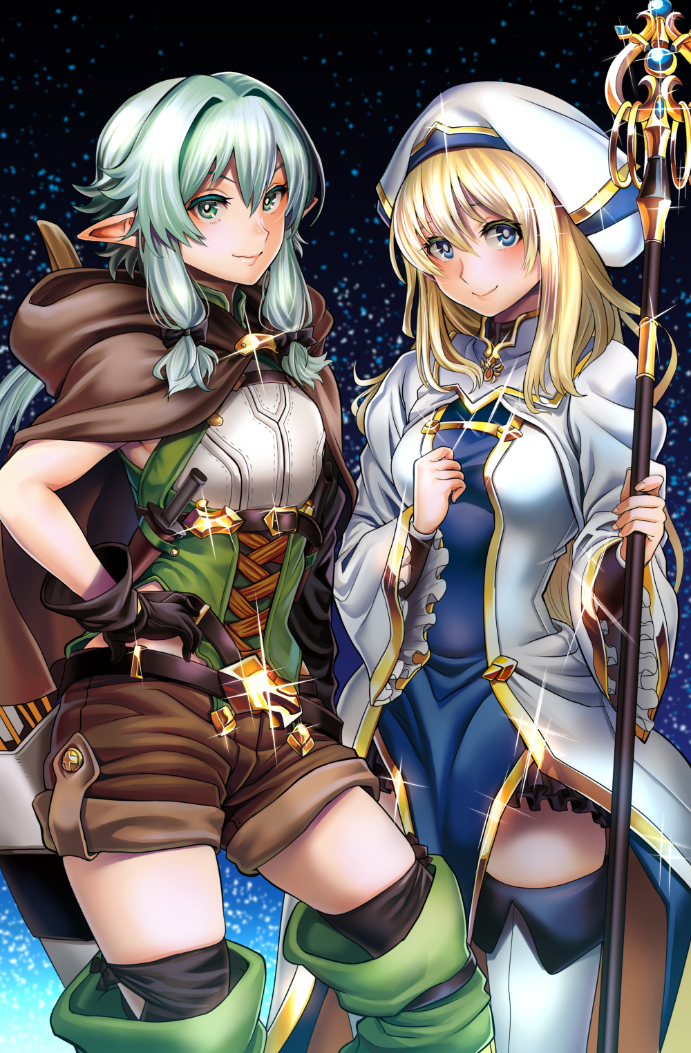 2girls, arrow, bangs, belt, black_belt, black_bow, black_gloves, black_legwear