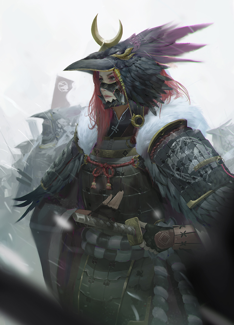 1girl, 3others, armor, banner, bird, black_feathers, black_gloves, closed_mouth, eyeshadow, fahmi_fauzi, fantasy, feathers, fingerless_gloves, fog, fur_trim, gloves, grey_eyes, helmet, japanese_armor, kabuto, katana, long_sleeves, makeup, mask, medium_hair, multiple_others, original, pauldrons, purple_feathers, raven_(animal), redhead, scabbard, sheath, snow, snowing, sword, vambraces, weapon, white_eyes