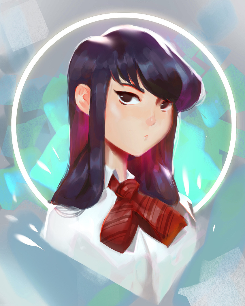 1girl, absurdres, black_eyes, black_hair, bow, circle, closed_mouth, face