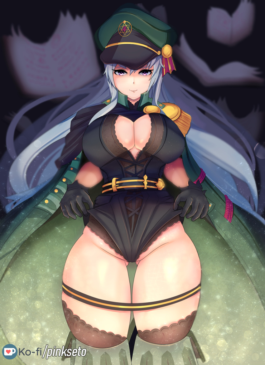 1girl, absurdres, ass_visible_through_thighs, belt, black_gloves, black_legwear, blurry, book, boots, breasts, cleavage, cleavage_cutout, coat, commentary, depth_of_field, epaulettes, fate/grand_order, fate_(series), full_body, gloves, green_footwear, green_legwear, groin, hat, helena_blavatsky_(fate/grand_order), hexagram, highres, large_breasts, lifted_by_self, lingerie, long_hair, looking_at_viewer, military_hat, open_book, peaked_cap, pink_seitokaichou, simple_background, smile, solo, thigh-highs, thigh_boots, underwear, violet_eyes, watermark, web_address, white_background, white_hair