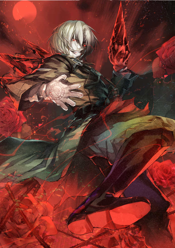 1boy, belt, black_belt, black_footwear, blood, blood_splatter, boots, crystal