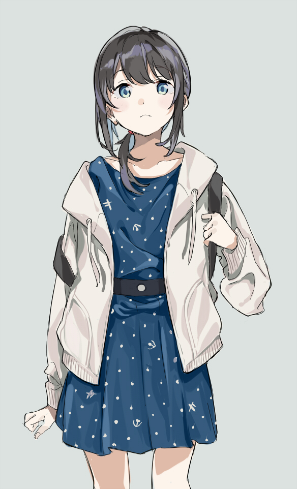 1girl, anchor_print, belt, black_belt, black_hair, blue_dress, blue_eyes, closed_mouth