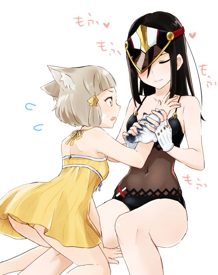 2girls, animal_ears, ass, bangs, blunt_bangs, blush, breasts, cat_ears