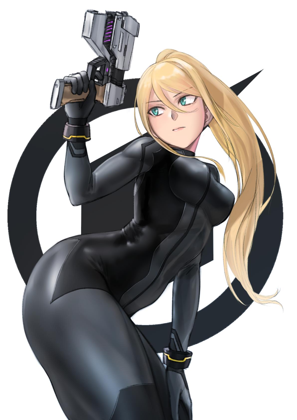 1girl, ass, blonde_hair, blue_eyes, bodysuit, breasts, gloves, gun