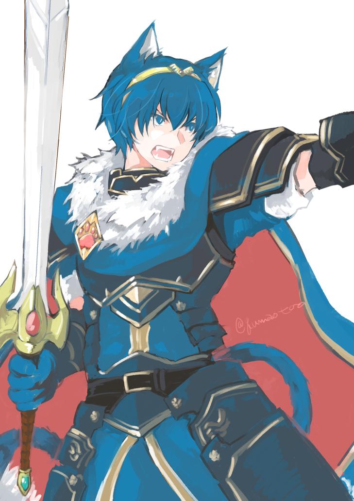 1boy, alternate_costume, animal_ears, armor, blue_eyes, blue_hair, cape, cat_boy, cat_ears, cat_tail, falchion_(fire_emblem), fang, fire_emblem, fire_emblem:_mystery_of_the_emblem, fire_emblem_heroes, gloves, intelligent_systems, male_focus, marth, nintendo, paw_print, qumaoto, short_hair, solo, super_smash_bros., sword, tiara, weapon