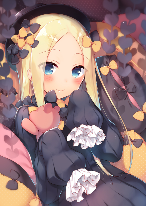 1girl, abigail_williams_(fate/grand_order), bangs, black_bow, black_dress, black_hat, black_pillow, blonde_hair