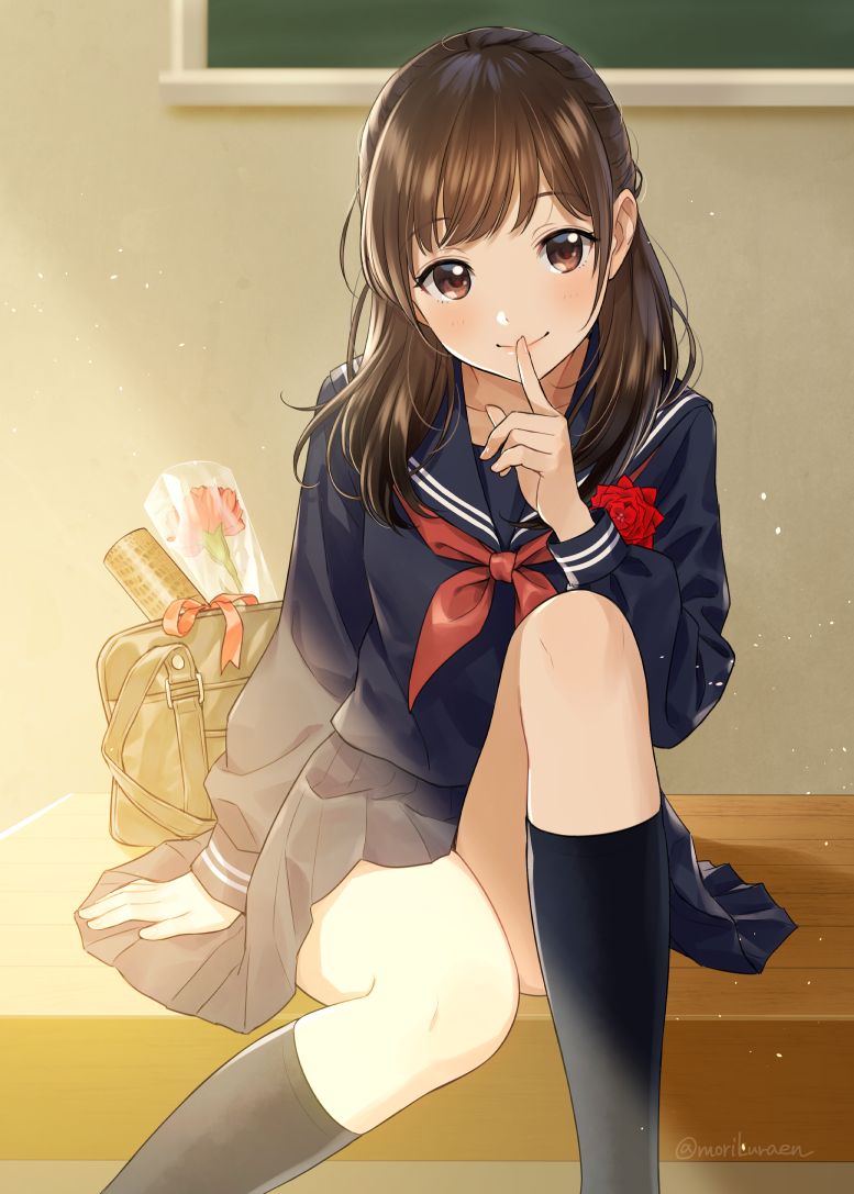 1girl, arm_support, bag, bangs, black_legwear, blue_sailor_collar, blue_skirt, blue_sweater