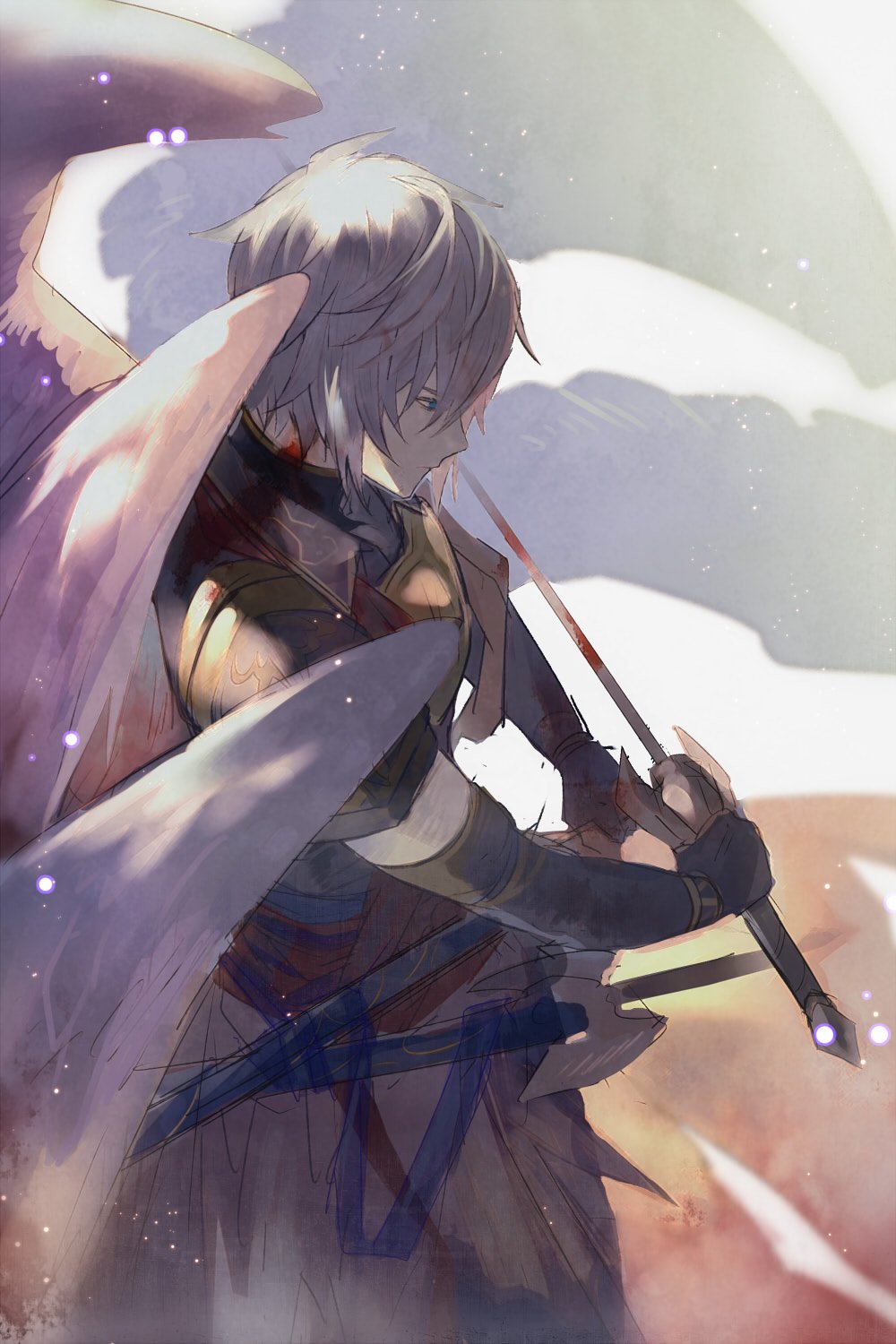 1boy, armor, blood, bloody_weapon, blue_eyes, elbow_gloves, fingerless_gloves, gloves, granblue_fantasy, highres, katana, lucifer_(shingeki_no_bahamut), male_focus, multiple_wings, seraph, short_hair, sword, weapon, white_hair, wings, yaba_ine