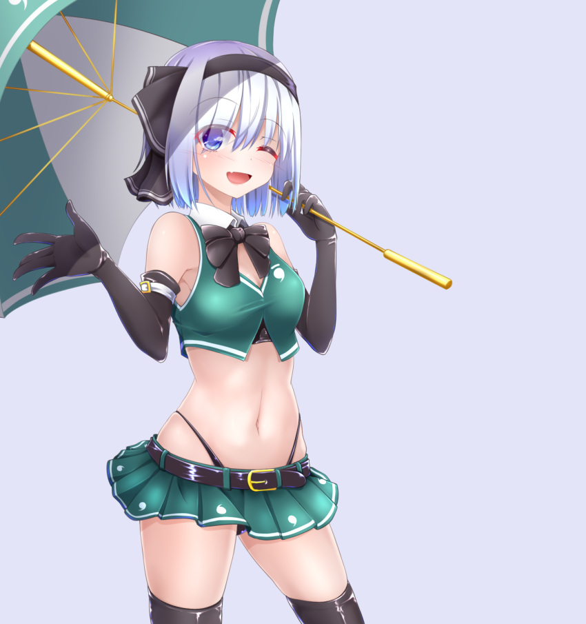 1girl, ;d, adapted_costume, bare_shoulders, belt, black_belt, black_bow, black_gloves