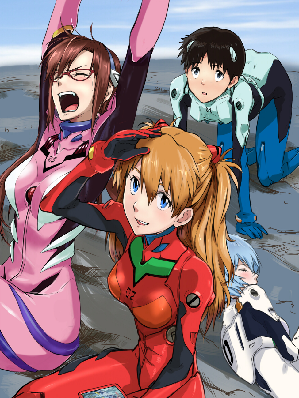 1boy, 3girls, :d, :o, all_fours, arm_up, arms_up, asymmetrical_bangs
