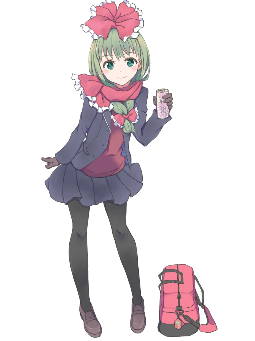 1girl, alternate_costume, aqua_eyes, bag, bag_charm, black_jacket, black_legwear, black_skirt