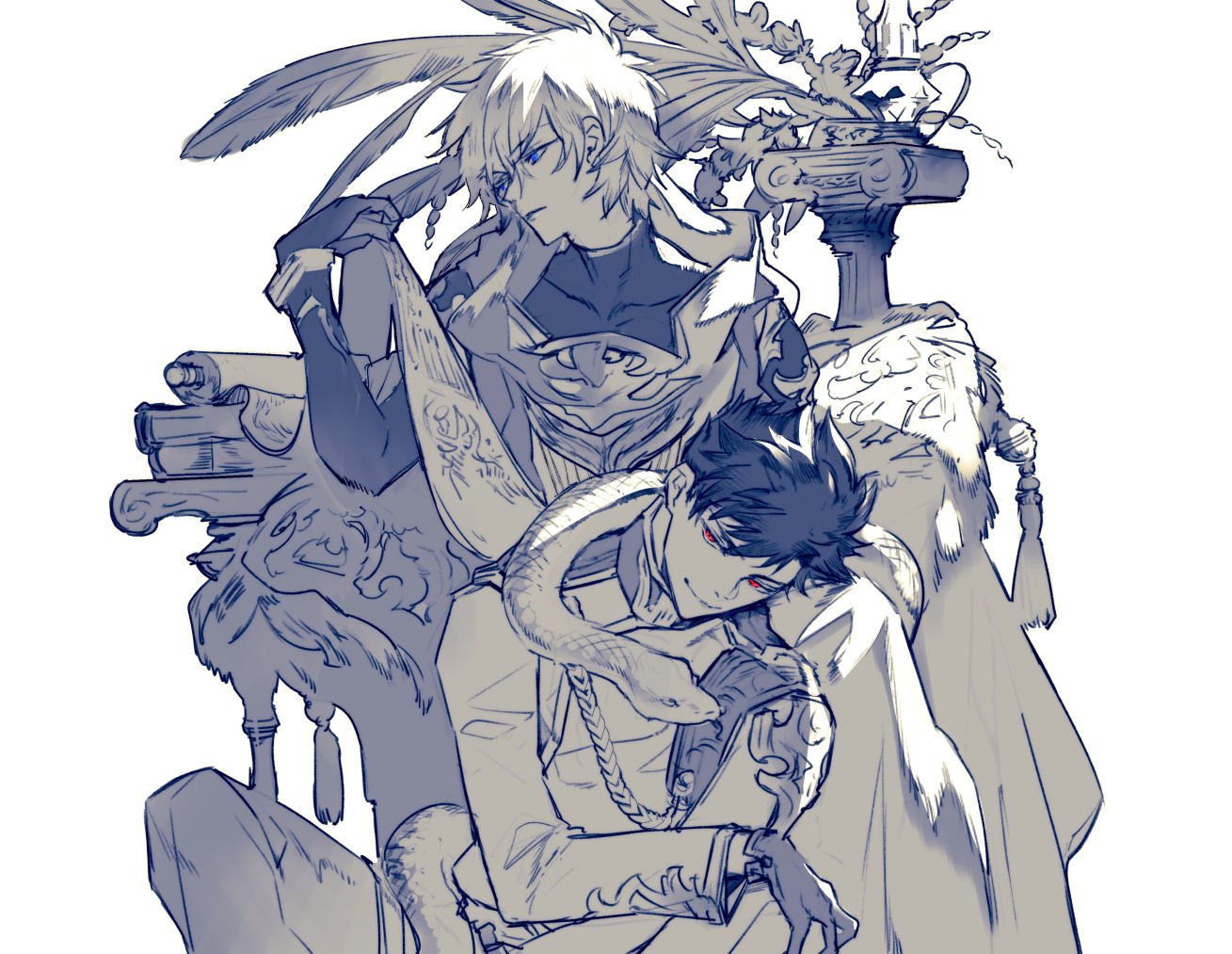 2boys, belial_(granblue_fantasy), black_hair, bodysuit, book, cloak, gloves, granblue_fantasy