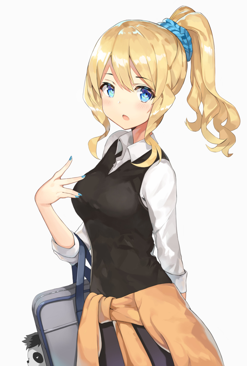 1girl, absurdres, bag, blonde_hair, blue_eyes, blue_nails, blush, clothes_around_waist