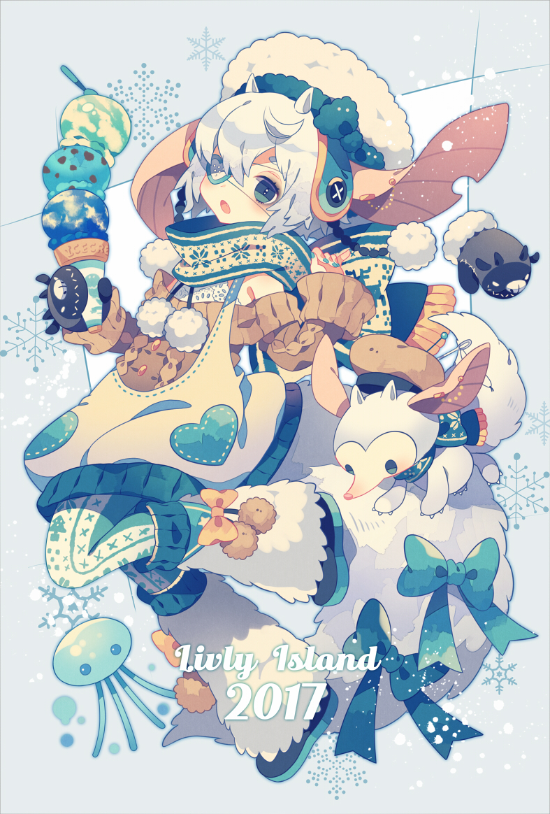 1girl, 2017, aqua_bow, aqua_eyes, aqua_legwear, aqua_nails, bare_shoulders, black_mittens