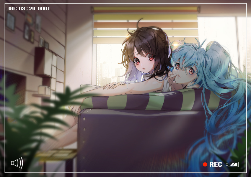 2girls, absurdres, blue_hair, brown_hair, c-ms_(girls_frontline), camera, commentary_request, couch