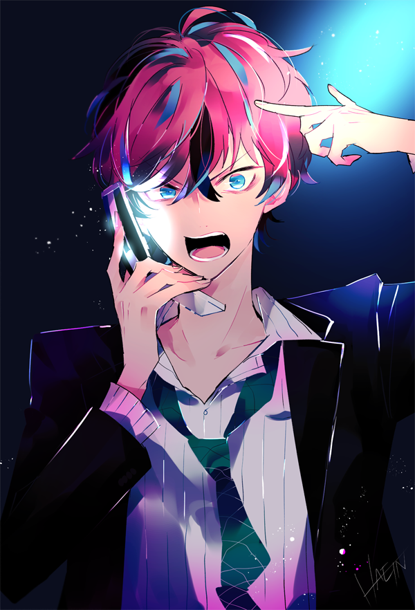 1boy, angry, bags_under_eyes, blue_eyes, blue_hair, business_suit, cellphone, collared_shirt