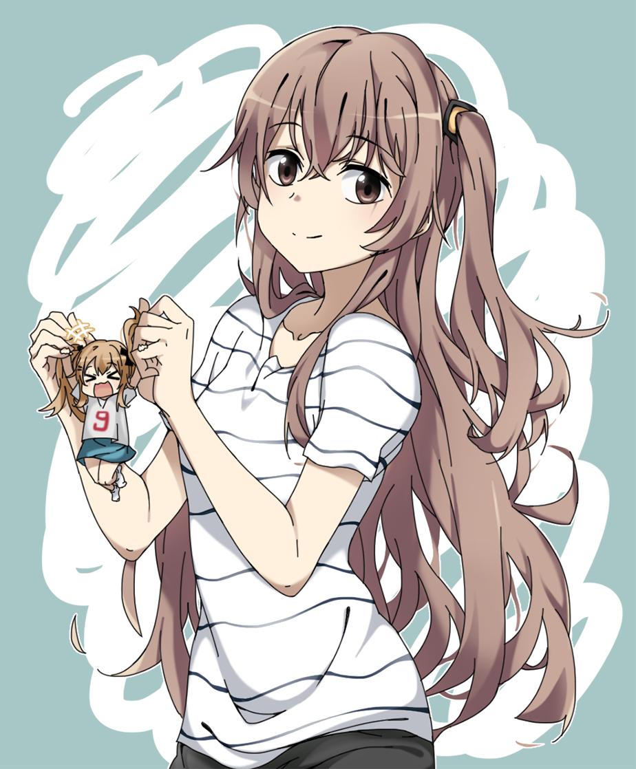 2girls, alternate_costume, brown_hair, casual, eyebrows_visible_through_hair, girls_frontline, holding, multiple_girls