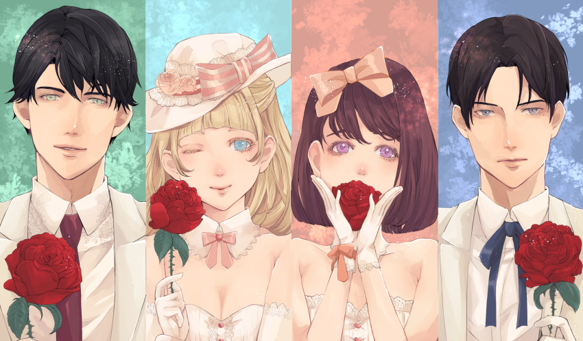 2boys, 2girls, :|, ;), arikawa_anri, bangs, bare_shoulders, black_hair, blonde_hair, blue_ribbon, blunt_bangs, bow, breasts, brown_hair, cleavage, closed_mouth, detached_collar, dress, flower, formal, gloves, green_eyes, hand_up, hands_up, hat, hat_bow, hat_flower, heart, highres, lace, looking_at_viewer, maroon_neckwear, mole, mole_under_eye, multiple_boys, multiple_girls, necktie, one_eye_closed, original, parted_bangs, pink_bow, pink_ribbon, red_flower, ribbon, rose, small_breasts, smile, striped, striped_bow, suit, violet_eyes, white_dress, white_gloves, white_hat, white_suit