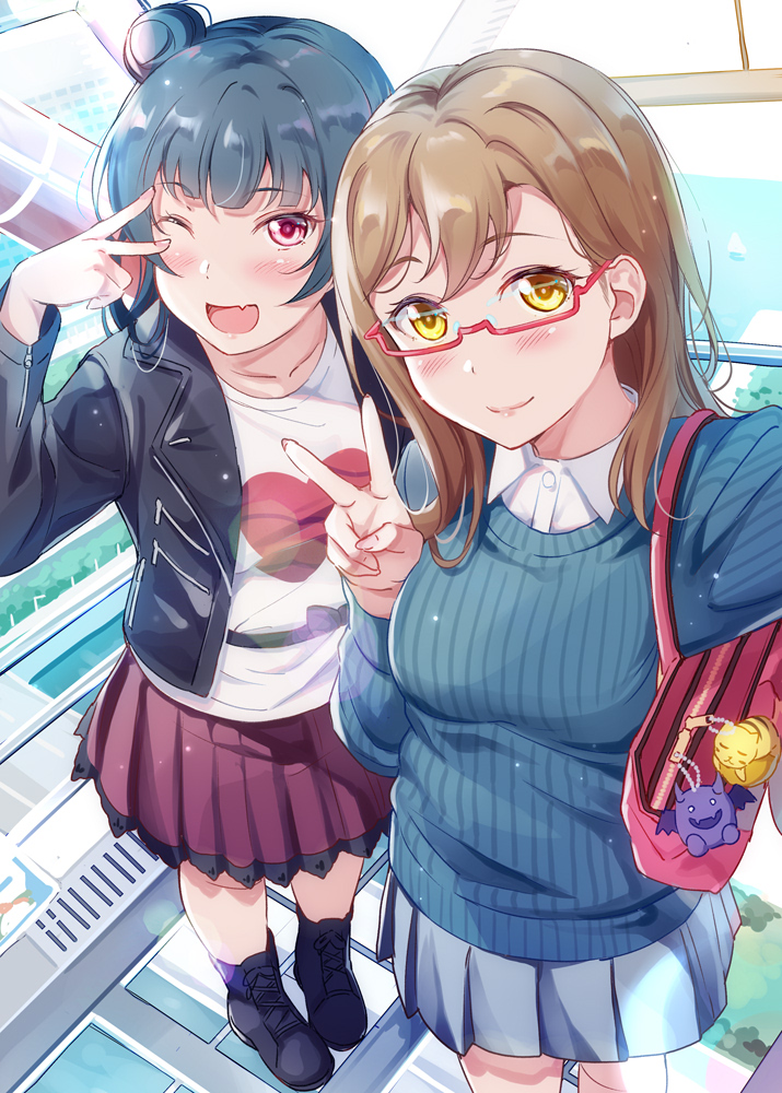 2girls, bag, bangs, black_footwear, black_jacket, blush, breasts, brown_hair