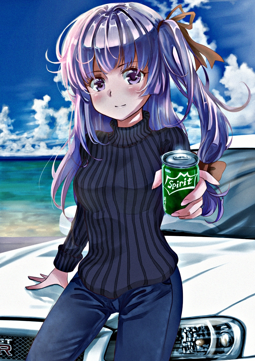 1girl, against_vehicle, bangs, black_sweater, blue_pants, blue_sky, blush, brand_name_imitation