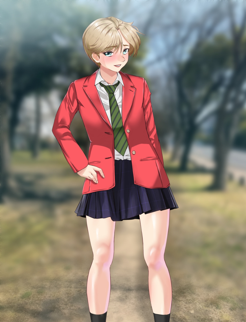 aqua_eyes, arion_canvas, bishoujo_senshi_sailor_moon, blonde_hair, blurry, blurry_background, blush, hand_on_hip