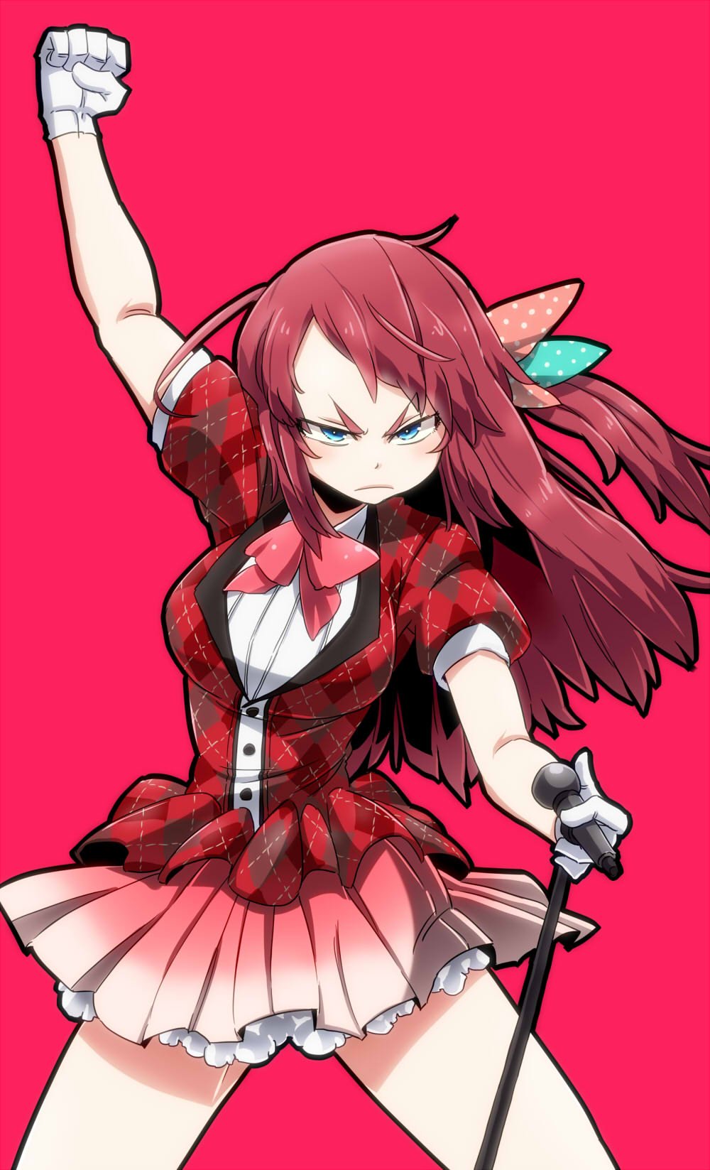1girl, ahoge, aono3, arm_up, blue_eyes, bow, clenched_hand, cowboy_shot
