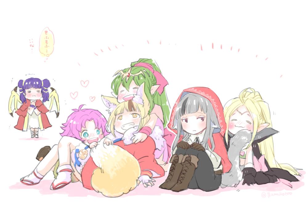 6+girls, animal_ears, black_gloves, black_hair, black_pants, blonde_hair, boots, brown_footwear