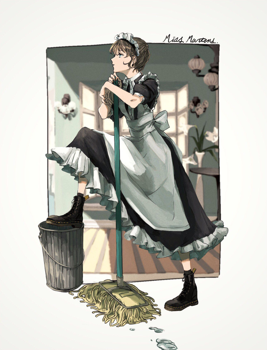 1girl, apron, arm_rest, blue_eyes, brown_hair, commentary_request, highres, jyagaricoeater, leg_up, looking_to_the_side, maid, maid_apron, maid_headdress, mop, original, puffy_short_sleeves, puffy_sleeves, short_hair, short_sleeves, solo, trash_can