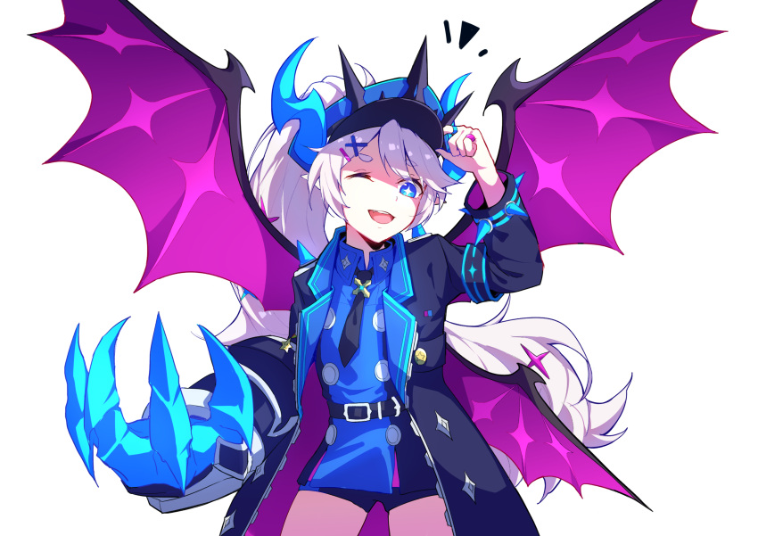 1girl, absurdres, black_jacket, black_neckwear, blue_eyes, blue_shirt, commentary_request, crown