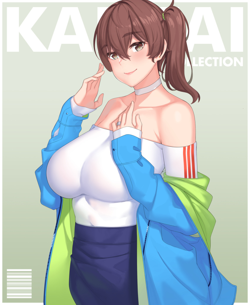 1girl, alternate_costume, bangs, barcode, bare_shoulders, blue_eyes, blue_jacket, blue_skirt
