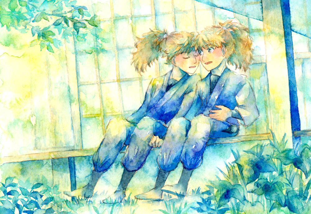 2boys, blonde_hair, blue_pants, brown_eyes, closed_eyes, day, funetail, grass, japanese_clothes, long_hair, looking_at_another, male_focus, multiple_boys, original, outdoors, pants, plant, ponytail, porch, sitting, traditional_media, watercolor_(medium)