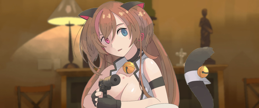 1girl, animal_ears, bangs, bell, black_gloves, blue_eyes, breasts, brown_hair, cat_ears, cat_tail, cleavage, collarbone, desk_lamp, earrings, fingerless_gloves, girls_frontline, gloves, gun, h&amp;k_mark_23, handgun, heart, heart_earrings, heckler_&amp;_koch, heterochromia, holding, holding_gun, holding_weapon, indoors, jewelry, jingle_bell, lamp, long_hair, looking_at_viewer, medium_breasts, mk_23_(girls_frontline), multicolored_hair, neck_bell, parody, pistol, red_eyes, sicario, solo, streaked_hair, suppressor, tab_(tabkun), tail, tail_bell, weapon