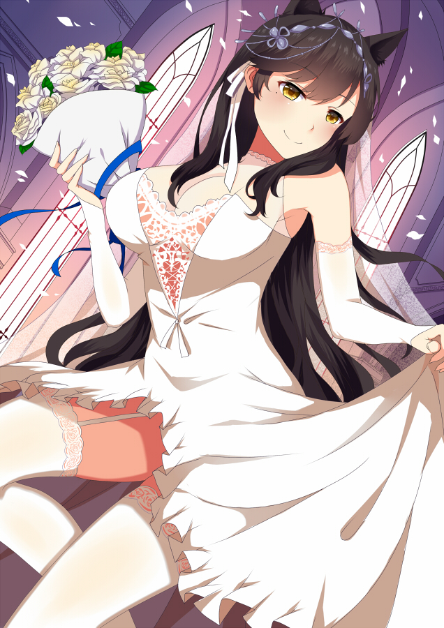 1girl, animal_ears, atago_(azur_lane), azur_lane, bangs, bare_shoulders, bima_rahmaa, black_hair, bouquet, breasts, bride, brown_eyes, cleavage, commentary_request, dress, elbow_gloves, extra_ears, flower, garter_straps, gloves, groom, hair_ribbon, large_breasts, long_hair, mole, ribbon, rose, strapless, strapless_dress, swept_bangs, veil, wedding, wedding_dress, white_dress
