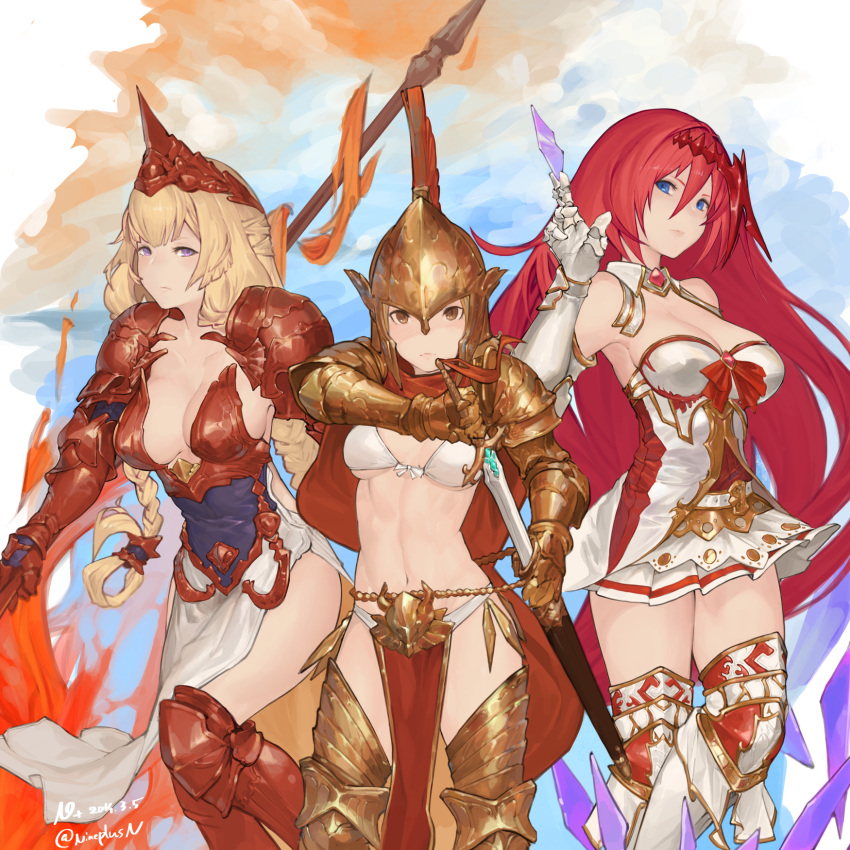 3girls, armor, armored_boots, athena_(granblue_fantasy), bare_shoulders, blonde_hair, blue_eyes, boots, braid, breasts, brown_eyes, cape, cleavage, collarbone, commentary_request, dated, djeeta_(granblue_fantasy), drawing_sword, fire, gauntlets, godguard_brodia, granblue_fantasy, hair_between_eyes, hair_ornament, helmet, highres, large_breasts, long_hair, looking_at_viewer, medium_breasts, multiple_girls, n9+, navel, pelvic_curtain, polearm, redhead, sheath, signature, skirt, sparta_(granblue_fantasy), spear, thigh-highs, twin_braids, twitter_username, under_boob, very_long_hair, violet_eyes, weapon