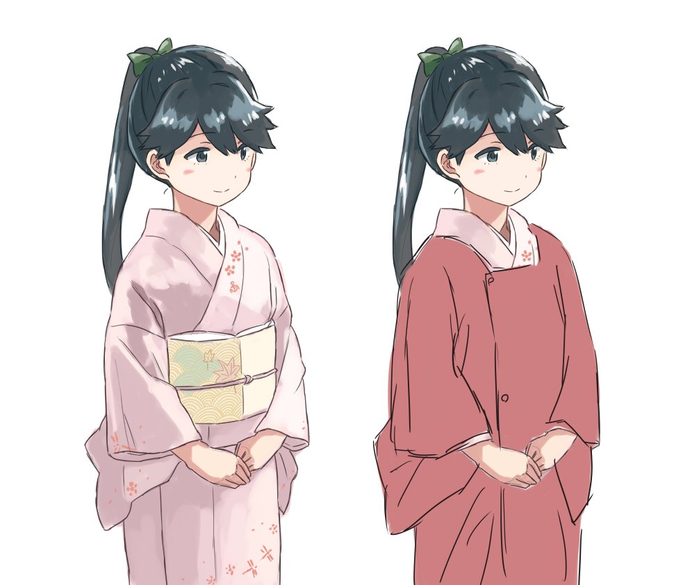 1girl, alternate_costume, anchor_symbol, black_hair, blush, commentary_request, dragonfly_print, eyebrows_visible_through_hair