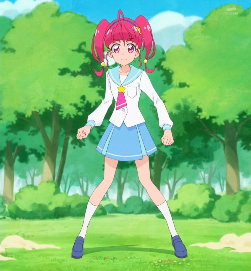 1girl, highres, hoshina_hikaru, mihoshi_middle_school_uniform, pink_eyes, pink_hair, precure, school_uniform