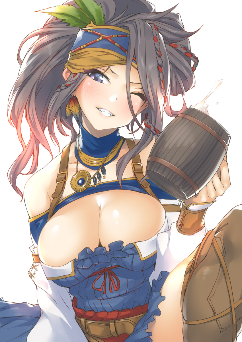 1girl, alcohol, bangs, bare_shoulders, beer, beer_keg, beer_mug, belt, black_hair, blue_eyes, blush, braid, breasts, cleavage, granblue_fantasy, grin, hairband, headband, highres, jewelry, large_breasts, leaf, long_hair, looking_at_viewer, necklace, nukkoru, one_eye_closed, pendant, sig_(granblue_fantasy), simple_background, sitting, smile, solo, suspenders, white_background