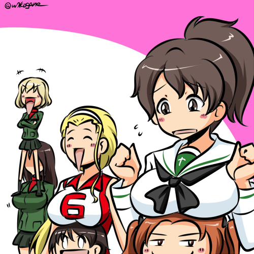 bangs, black_hair, blush, breast_rest, breasts, breasts_on_head, girls_und_panzer, green_jacket