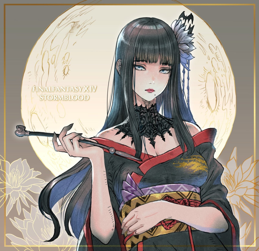 1girl, bangs, bare_shoulders, black_hair, black_kimono, blue_eyes, blunt_bangs, breasts
