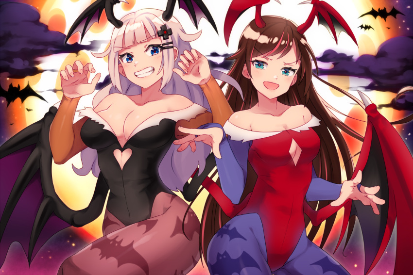 >:d, 2girls, :d, a.i._channel, animal_print, bangs, bare_shoulders, bat