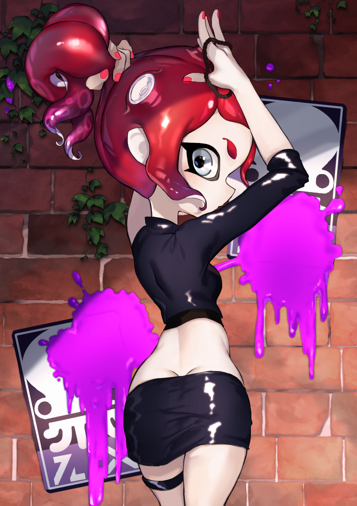 1girl, agent_8, amatcha, arms_up, ass, black_skirt, breasts, brick_wall, butt_crack, cowboy_shot, fingernails, grey_eyes, hair_tie, ivy, legs_together, looking_at_viewer, looking_back, miniskirt, nail_polish, nintendo, octarian, octoling, paint, poster_(object), red_nails, redhead, short_hair, single_sleeve, skirt, sleeves_past_elbows, small_breasts, solo, splatoon, splatoon_(series), splatoon_2, splatoon_2:_octo_expansion, suction_cups, tentacle_hair, thigh_strap, tying_hair