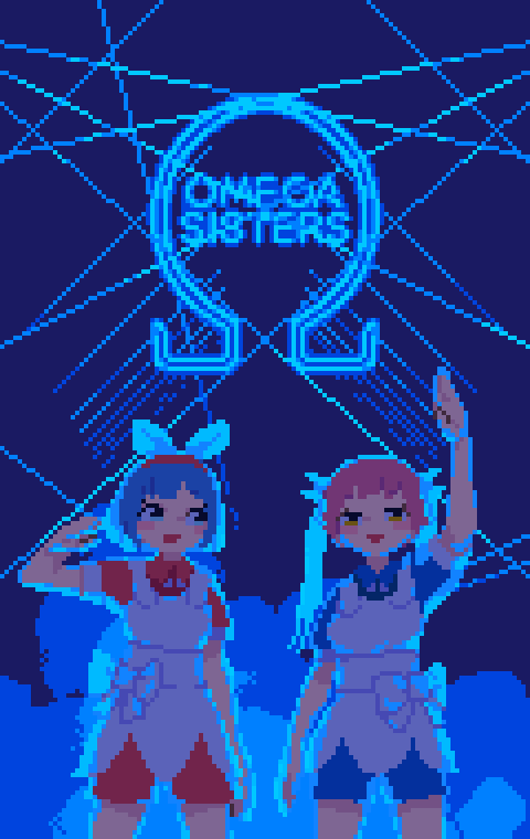 2girls, animated, animated_gif, apron, bangs, blue_bow, blue_eyes, blue_hair, blue_shorts, blush, bow, commentary, copyright_name, dancing, dress, fog, hair_bow, laser, long_hair, looking_at_another, multiple_girls, omega_rei, omega_rio, omega_sisters, open_mouth, otnweo, party, pink_hair, pixel_art, red_dress, red_shorts, short_hair, short_sleeves, shorts, siblings, smile, twins, twintails, virtual_youtuber, yellow_eyes