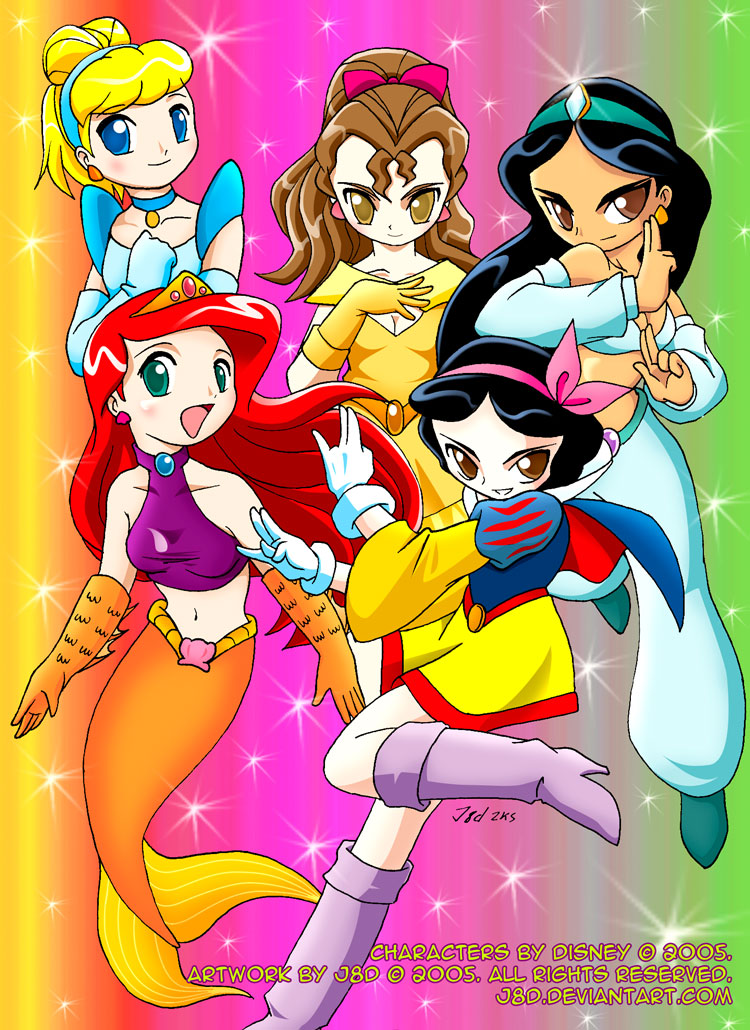 2005, 5girls, aladdin_(disney), anime_style, animification, ariel, ariel_(disney), beauty_and_the_beast_(disney)
