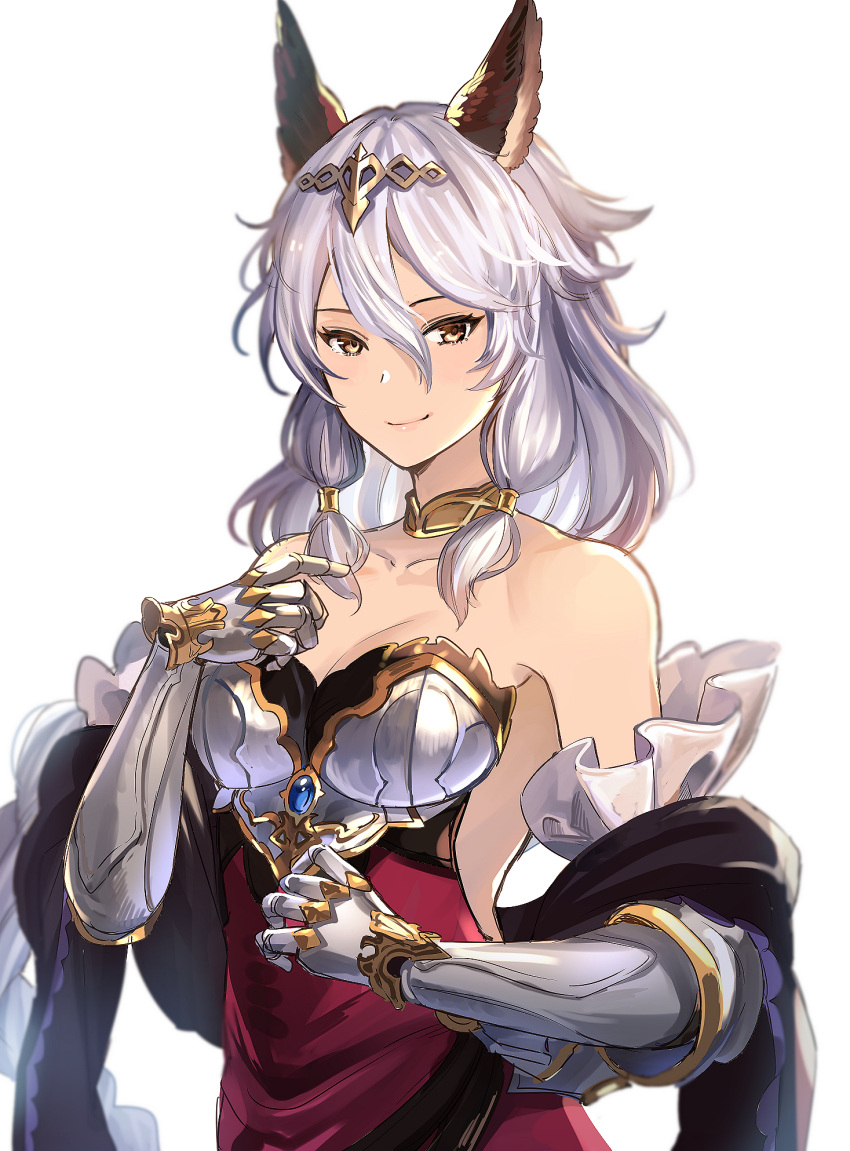 1girl, animal_ears, armor, armored_dress, bangs, bare_shoulders, blush, breastplate