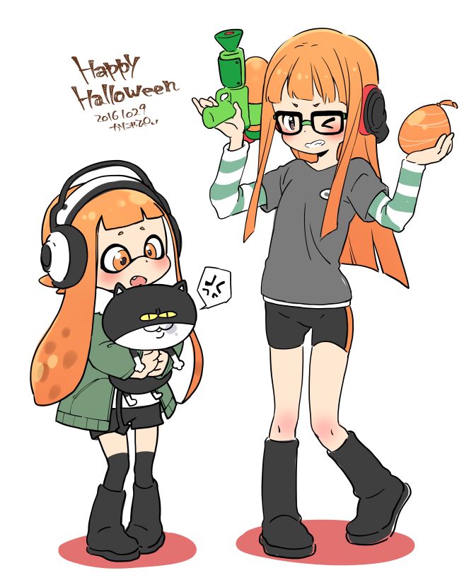 >_o, 2girls, anger_vein, animal, animal_hug, atlus, balloon, bike_shorts, black-framed_eyewear, black_footwear, black_shorts, blush, boots, brown_eyes, burst_bomb_(splatoon), cat, cosplay, costume_switch, dated, domino_mask, fang, glasses, green_jacket, grey_shirt, halloween, hands_up, happy_halloween, headphones, holding, inkling, inkling_(cosplay), jacket, jajji-kun_(splatoon), kanya_pyi, knee_boots, long_hair, long_sleeves, look-alike, mask, megami_tensei, multiple_girls, nintendo, nintendo_ead, one_eye_closed, open_clothes, open_jacket, open_mouth, orange_eyes, orange_hair, over-kneehighs, persona, persona_5, pigeon-toed, sakura_futaba, sakura_futaba_(cosplay), shirt, short_over_long_sleeves, short_shorts, short_sleeves, shorts, sidelocks, simple_background, sora_(company), splatoon, splatoon_(series), splatoon_1, splattershot_(splatoon), spoken_anger_vein, super_smash_bros., tentacle_hair, thigh-highs, trait_connection, very_long_hair, water_balloon, white_background