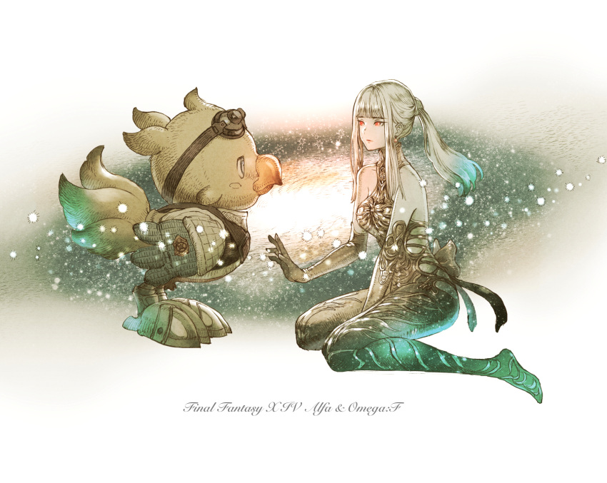 1girl, alpha_(ff14), animal, bangs, bare_shoulders, between_legs, bird, black_bodysuit, black_gloves, blunt_bangs, bodysuit, breasts, character_name, chocobo, copyright_name, earrings, elbow_gloves, final_fantasy, final_fantasy_xiv, gloves, hand_between_legs, highres, jewelry, kuroimori, long_hair, medium_breasts, omega-f, orange_eyes, ponytail, sidelocks, sitting, wariza, white_hair
