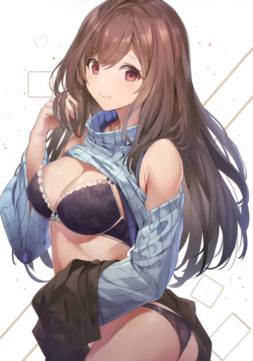 1girl, absurdres, ass, bangs, black_skirt, blue_bra, blue_panties, blue_sweater