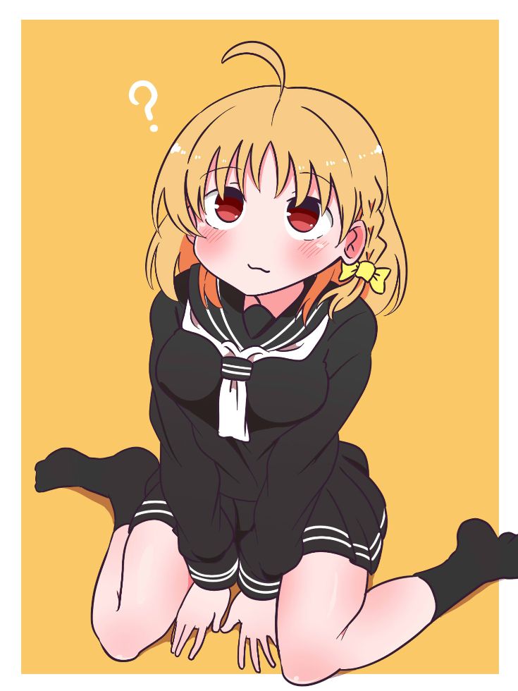 1girl, ?, ahoge, bangs, black_blouse, black_legwear, black_skirt, blouse